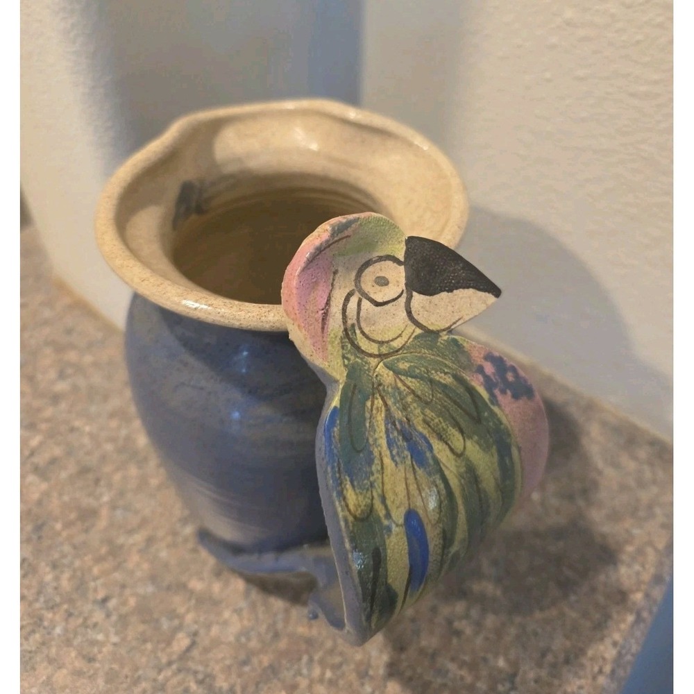 VTG Studio Pottery Pitcher Bird Handle Blue Glaze Signed 7" Folk Art Parrot